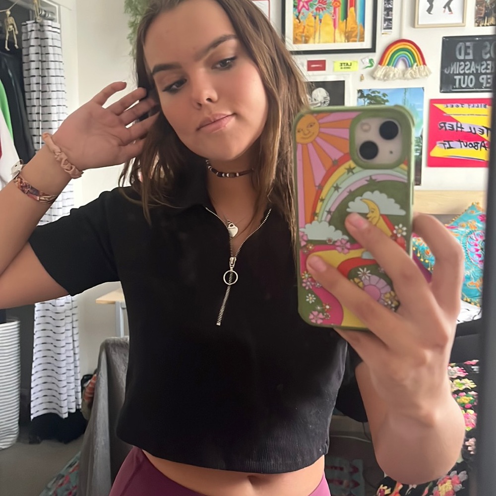 Vintage black, half-zipped, cropped, collared, shirt.